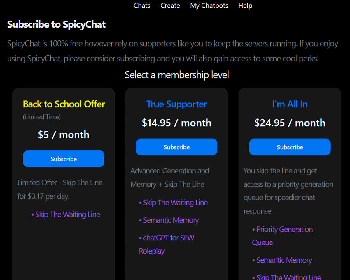 Subscription price of Spicy Chat AI
