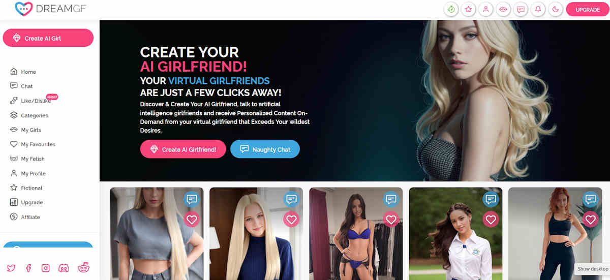 Dream GF AI home page on web